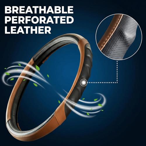 18 Inch Semi Truck Steering Wheel Cover for Freightliner Cascadia, Kenworth T680 T880, Peterbilt 579 & Volvo VNL – Heavy Duty Anti-Slip Leather Grip for Big Rig Class 8 Trucks – Brown