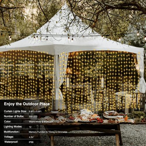 300 LED Fairy Curtain Lights 2 Color Changing, 9.8Ft x 9.8Ft Hanging Lights Battery Operated with Hooks, Outdoor Curtain Light Waterproof for Party Backdrop Patio Decorations (Warm White & Color)