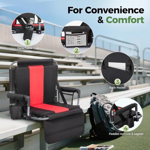 GREEN PARTY Stadium Seat for Bleachers Portable Outdoor Floor Folding Stadium Chair with Armrest, Back Support, Cup Holder, Mesh Bag and Hide Hooks