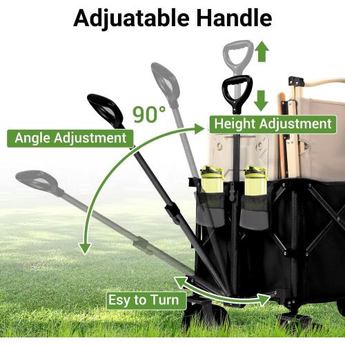 Black 400L Heavy Duty Folding Wagon Cart-450LBS Capacity All-Terrain Beach Cart with Big Wheels & Drink Holders-Push/Pull Utility Cart for Groceries, Camping, Sports, Shopping (Black)