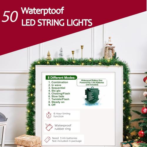 WEMADE 15.4ft Pre-Lit Christmas Garland with Lights – 50 LED Lighted Garlands for Christmas Decorations Indoor Outdoor, Battery Operated 8 Modes Memory Timer for Mantel Stair Banister Doorframe Décor