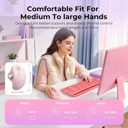seenda Wireless Trackball Mouse, Ergonomic Bluetooth Rollerball,Rose Pink