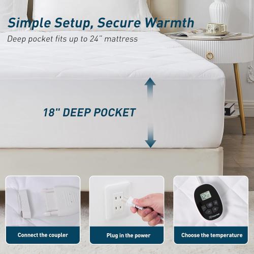 Heated Mattress Pad Full 54×75, Bed Warmer with Memory&Preheat Functions, Electric Mattress Pad Single Control 12 Heat Settings 12-Hour Auto Off 13ft Extra Long Cord Fits 18-24 Deep Pocket