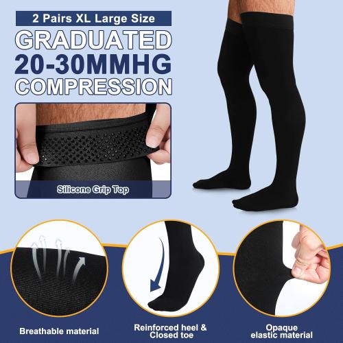 Zhanmai 2 Pairs Thigh High Men's Compression Socks 20-30 Mmhg Compression Stocking with Silicone Grip Men's Dress Socks (X-Large)