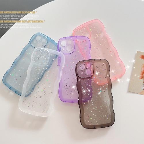 Qokey for iPhone 14 Pro Max Case 6.7, Curly Wave Design Transparent Bling Glitter Shiny Cute Clear Transparent Full Protection Soft TPU Shockproof Phone Cover(Purple)
