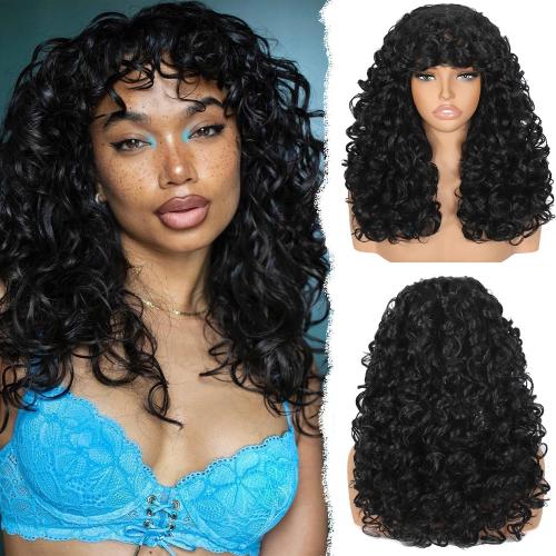 Curly Afro Wig for Black Women Curly Wigs with Bangs 18 Inch Long Curly Afro Synthetic Wig for Cosplay and Daily(Black)
