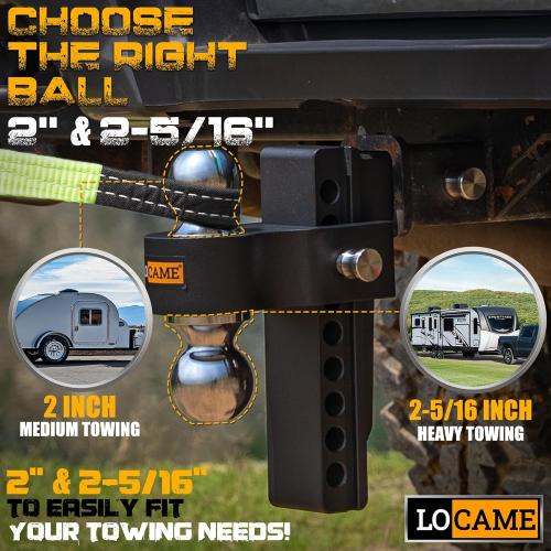 LOCAME Adjustable Trailer Hitch, Fits 2.5-Inch Receiver Only, 8-Inch Drop Aluminum Drop Hitch,18,500 LBS GTW-Tow Hitch for Heavy Duty Truck with Double Stainless Steel Locks, Black, LC0019