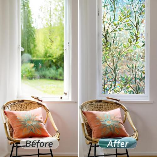 Window Privacy Film Rainbow Window Film – Decorative Static Cling Window Sticker with 3D Stained Glass Effect（23.6 x 78.7 inch） Includes 3 Installation Tools