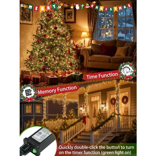 2-Pack 66FT 200 LED Christmas Lights, 13 Modes Extendable Christmas Tree Lights with Timer & Memory, Waterproof Twinkle Fairy Lights Green Wire Outdoor String Lights Indoor for Xmas Tree (Warm White)