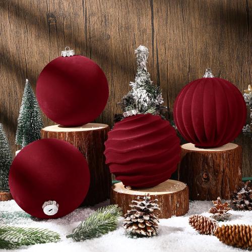 Syhood 4 Pcs 6 Inch Velvet Christmas Balls Large Velvet Ornaments Balls Xmas Tree Decorations Hanging Flocked Ornaments for Christmas Tree Home Garland Holiday Party Decor (Burgundy)
