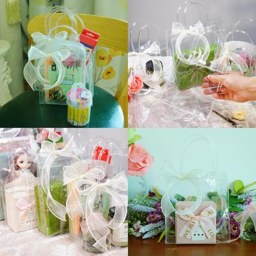 WDSHCR 80 PCS Clear Plastic Gift Bags with Handles, Party Favor Bags with Ribbons, Reusable Goodie Tote Bags for Wedding, Baby Shower, Birthday (Clear 5.1 x 7.5 x 3.1, 80 Pack)