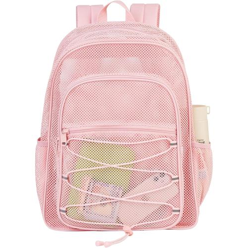 Heavy Duty Mesh Backpack, Semi-transparent Mesh Bookbag,See Through College Backpack with Bungee and Comfort Padded Straps for Commuting, Swimming, Beach, Outdoor Sports (Pink)