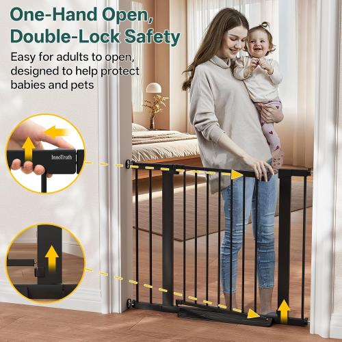 InnoTruth 27-36.6 in Wide Baby Gate for Stairs and Doorways, Indoor Metal Dog Gate for Pets, Auto Close 2 Way Swing Walk Through Door, Double Lock & Y-Bolts, Pressure or Hardware Mount, Black