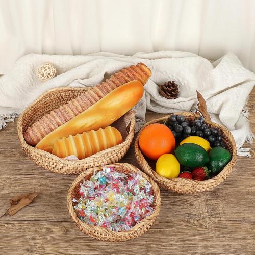Natural Rattan Tray Wicker Storage Bowls Hand Woven Basket Tray for Bread Fruit Key Round Fruit Baskets for Kitchen Entryway Tabletop Decorative Baskets Bowl
