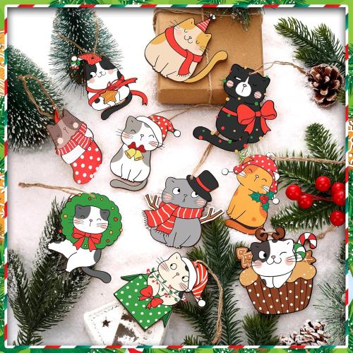 Spiareal 40 Pcs Christmas Cat Ornament Set Xmas Decor Tree Hanging Cat Wooden Holiday Decoration Ornaments for Christmas Tree Outdoor Hanging (Cute)