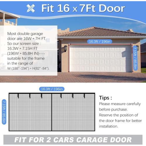 Garage Door Screen for 2 Car Garage 16x7FT, Magnetic Screen Garage with Retractable Fiberglass Mesh and Heavy Duty Weighted Bottom, Easy Assembly & Pass, Hands Free Door Screen Kit