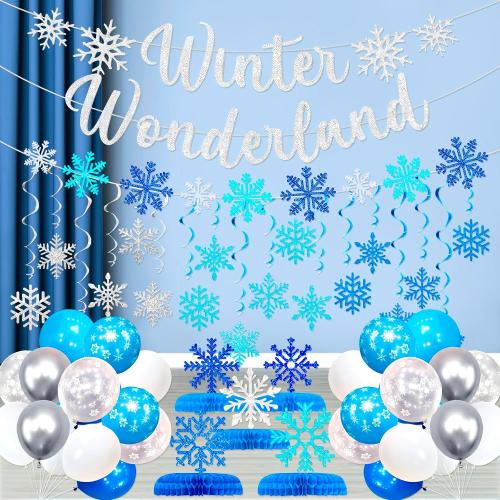 Winter Wonderland Snowflake Party Decorations - 62 Pcs Christmas Onederland 1st Birthday Party Hanging Decor, Blue White Snow Balloons for Ceiling Wall, Paper Banner Flake Streamers for Holiday