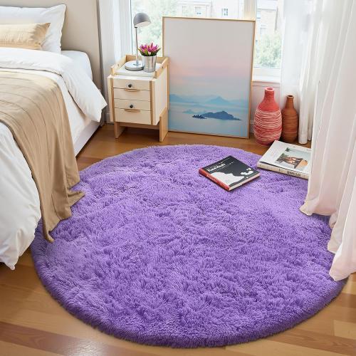Purple Round Rugs for Bedroom - Machine Washable, Medium Circle Area Rugs for Living Room, Soft and Fluffy Shaggy Carpet for Teen Girls and Boys, Nursery Rooms, Dorms, Home Decor Aesthetic