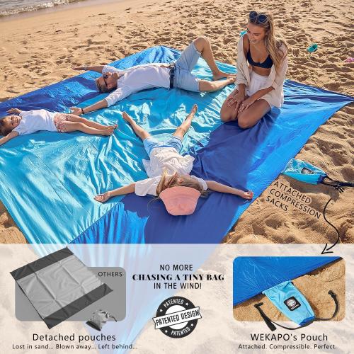 WEKAPO Beach Blanket Sandproof Waterproof, Extra Large Beach Mat, Oversized & Compact Sand Free Mat Quick Drying, Lightweight & Durable with 6 Stakes & 4 Corner Pockets