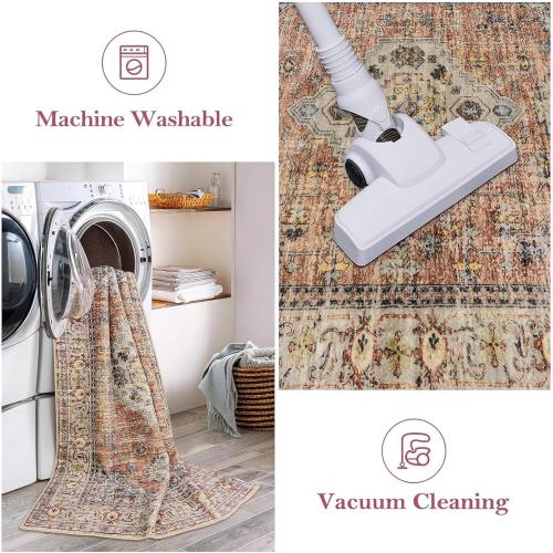 Lahome Oriental Washable Rug, 3x5 Rugs for Bedroom Living Room Entryway, Vintage Ultra-Thin Non-Slip Soft Throw Carpet for Kitchen Office Entrance, Peach/Orange
