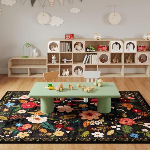 Rugcomf Living Room Rug 6x9 Rug Machine Washable Boho Area Rug Non Slip Floral Vintage Low Pile Large Rug for Living Room, Bedroom, Farmhouse, Dining Room, Kids Playroom(Black)