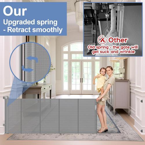 Reinforced bottom 90 Inch Extra Wide Baby Gate for Large Openings Retractable Baby Gates Extra Wide Upgraded Spring Retractable Dog Gate for Doorways Extra Wide Adjustable Bracket Retractable Pet Gate