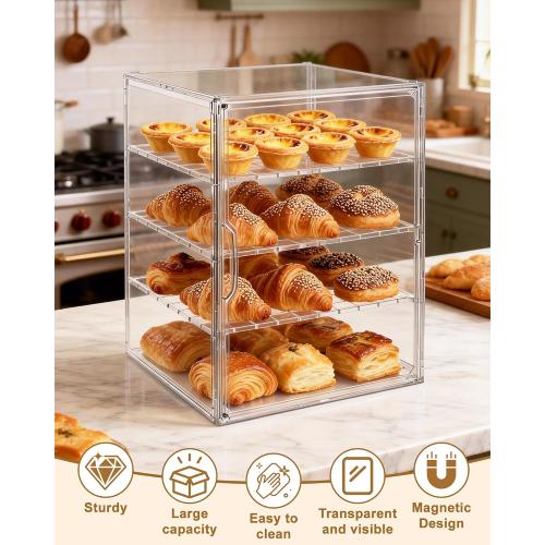 Large Pastry Display Case, 4-Layer Adjustable Corner Bread Box for Kitchen Countertop, 17.32x13x12.4inch Bread Storage Container with Magnetic Door(17.32x13x12.4inch)
