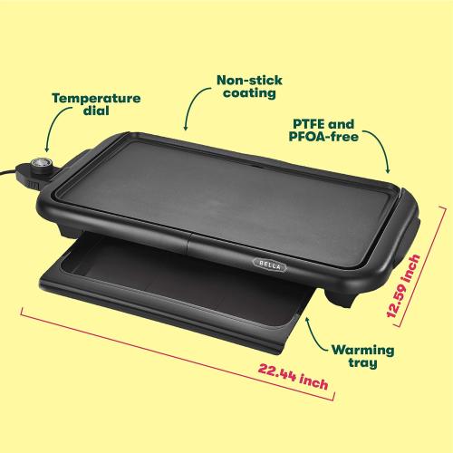 bella Electric Griddle with Warming Tray - Smokeless Indoor Grill, Nonstick Surface, Adjustable Temperature & Cool-touch Handles, 10 x 18, Copper/Black, PFOA & PTFE Free