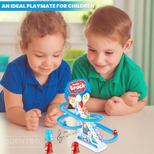 QUENTRO Penguin Slide Toy Set – Stair Climbing Roller Coaster with Sliding Tracks, 9 Racing Penguins & 3-Speed Switch – Lights, Music & Quiet Mode – Educational Playset for Kids & Toddlers