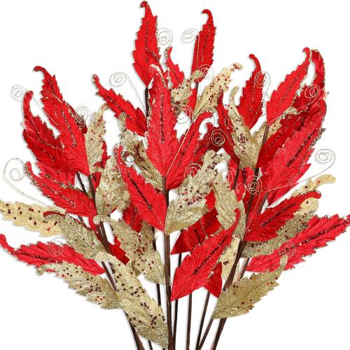 HyDren 10 Pcs Christmas Glitter Leaves Large Ornaments for Christmas Tree Picks Sprays Artificial Stems Branches Twigs Sprigs Floral for Xmas Tree Wreath Garland Vase DIY Decor(Red and Gold)