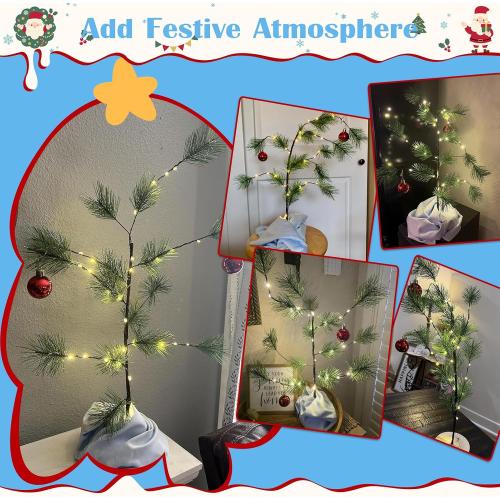 24 Tabletop Christmas Tree with Red Glossy Ball, Wooden Stand Mini Christmas Bent Tree with Blue Blanket Holiday Décor,Holiday Memories Decorations Gift