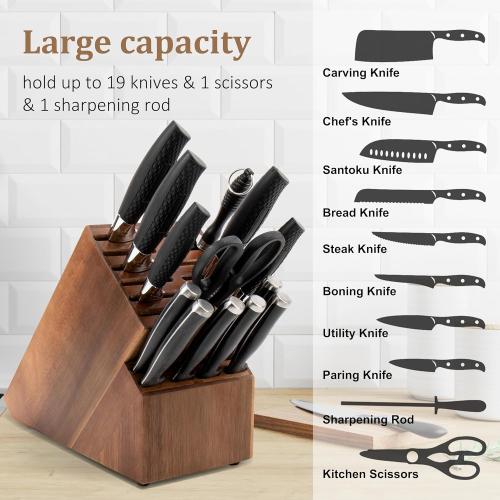 20 Slot Knife Block Storage without Knives,Acacia Wood Universal Knife Holder for Kitchen Countertop,Large Butcher Block Organizer,Easy Kitchen Knife Storage (Brown)