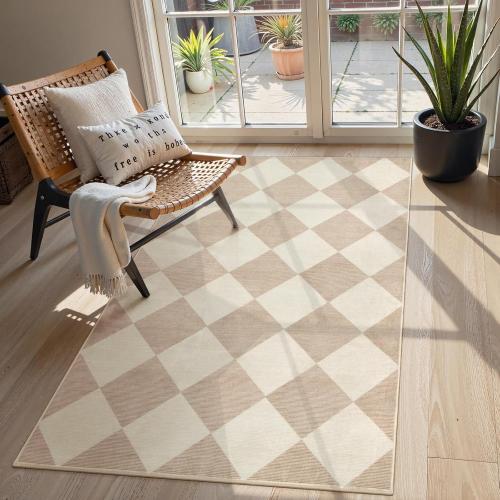Beeiva Checkered Print 3x5 Washable Area Rug for Bedroom, Non Slip Ultra Thin Beige Entryway Rug Non Shedding Kitchen Rug 3x5, Modern Checkerboard Carpet Plaid Decor for Bathroom Office Nursery