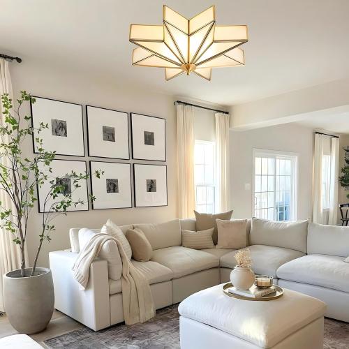 LIGHTLAND 19.7 Inch Flush Mount Star Ceiling Light, 4 Lights Brass Ceiling Lamp with Glass Lampshade, Art Deco Close to Ceiling Light Fixtures for Bedroom Living Room Entryway Hallway, Gold