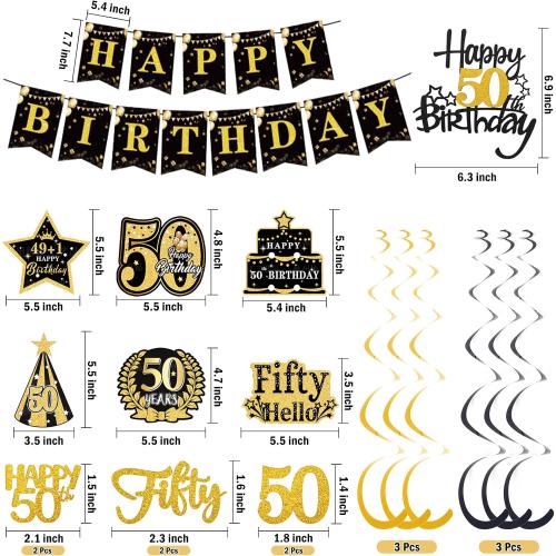 50th Birthday Decorations for Men Women, 46 Pcs Black Gold Happy 50 Year Old Party Supplies 1975 Birthday Gifts Banner Backdrop Balloon Cake Topper Honeycomb Centerpiece Hanging Swirls Set