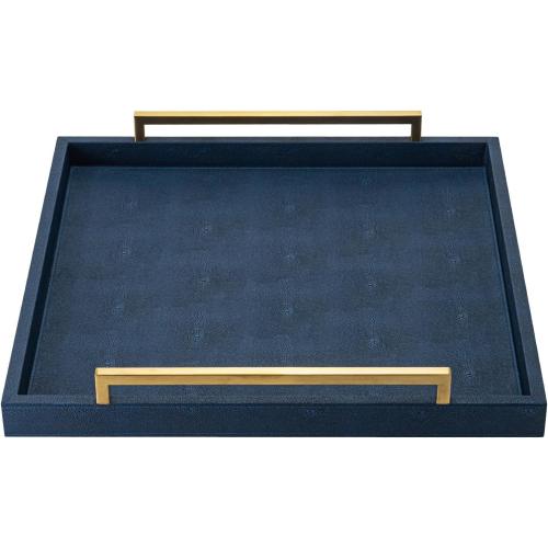 Large Navy Blue Decorative Tray for Ottoman,Stylish Rectangle Coffee Table Tray with Handles,Versatile Serving Tray for Living Room and Home Decor