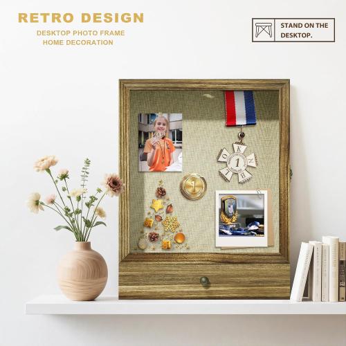 Picrit Large Brown Shadow Box Frame 16x20, 3.1 Deep Solid Wood Display Case with Removable Shelves & Drawers, Linen Back for Flowers, Pictures, Medals, Coins, Pins Collection, Memorial Gifts and More