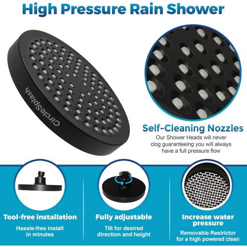 High Pressure Shower Head - Anti-Clogging Silicone Nozzles - 2.5 GPM Removable Restrictor - Easy to Clean Adjustable Replacement - easy to install with Plumbers Tape - 6 inch - Matte Black Finish
