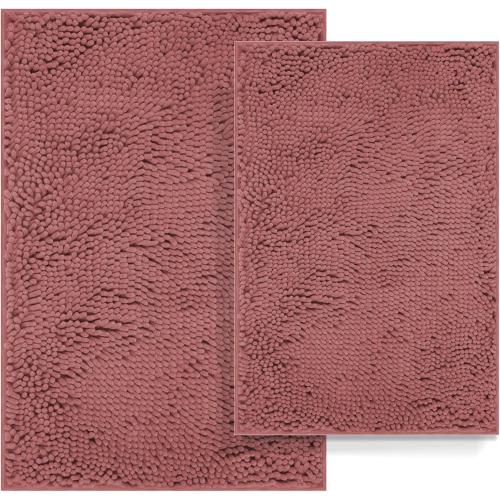 RUN HELIX Bathroom Rugs Sets 2 Piece Thick Absorbent Chenille Bath Rug Set Non Slip, Soft Shaggy Bath Room Floor Mats for Bathroom, Machine Washable, Misty Rose