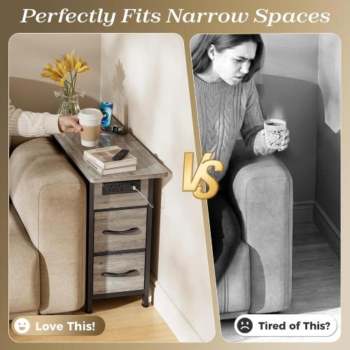 Huuger Narrow End Table with Charging Station, Side Table with 2 Drawers