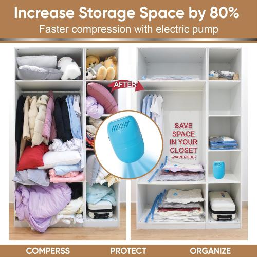 Clear 6 Pack Vacuum Storage Bags with Electric Pump, 6 Pack (2 Jumbo/2 Large/3 Medium), Space Saver Bags with Pump, Storage Vacuum Sealed Bags for Clothes, Comforters, Blankets, Bedding