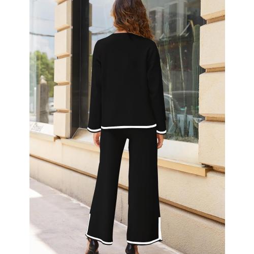 Tanming Women's 2 Piece Outfits Long Sleeve Knit Sweater Top Wide Leg Pants Lounge Sets Tracksuits Large