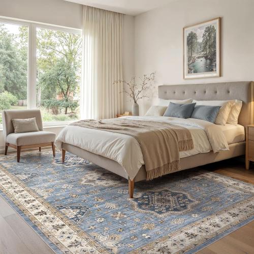 Washable Area Rugs for Living Room -Neutral Vintage Distressed Floral Farmhouse Boho Large Soft Floor Rug Indoor Non Slip Carpet for Living Room Bedroom Dining Room Office - Blue