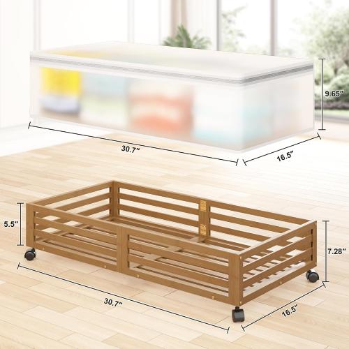 Bamboo Under Bed Storage Containers- Underbed Organizer with Wheels with Large Capacity Dust Bag,Sturdy Wood Rolling Under Bed Shoe Storage Organizer Drawer 2 Packs (Walnut, Long)