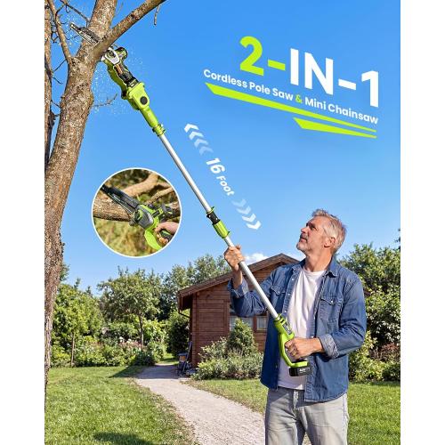 10 Inch Electric Pole Saws for Tree Trimming, 1000W Brushless Pole Saw and Mini Chainsaw 2 in 1, 2*4000mAh Battery, Lightweight Tree Saw with Extension Pole, 16Ft Max Reach Tree Trimmer Branch Cutter