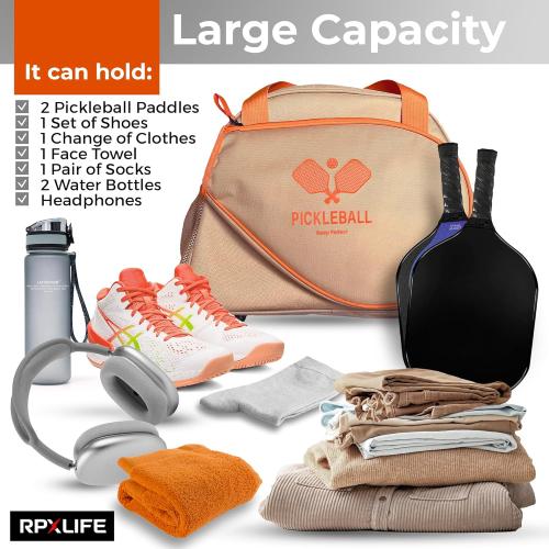 Pickleball bag, Pickleball Bags for Women, Pickleball Bags for Men, Premium Large Capacity Pickle Ball Bag with USB Charging Port, Pickleball Accessories, Pickleball Gifts For Women, Orange & Khaki
