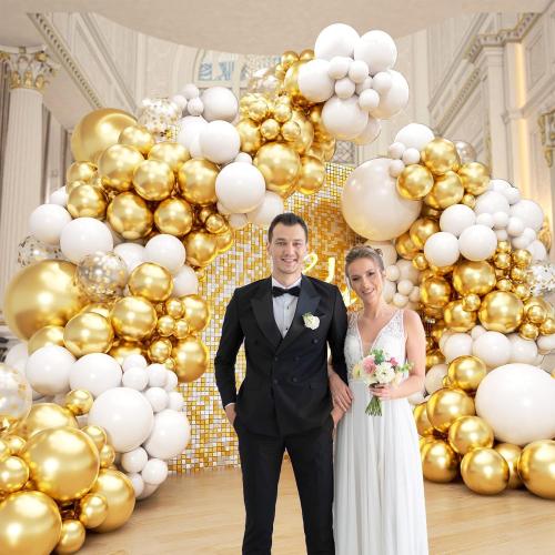 134pcs White and Gold Balloon Arch Kit with Metallic Gold White Balloons