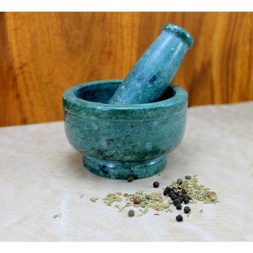 4 Diameter Natural Stone Mortar and Pestle Set as Spice Grinder, Medicine Masher - Okhli and Musal (Green Deep)