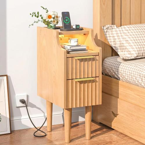 Fluted Narrow Nightstand with Charging Station, Solid Wood Night Stand with 2 Drawers, Natural Mid Century Modern Led Nightstand, Small Beside Table with Open Storage Shelf for Bedroom （10 inch）