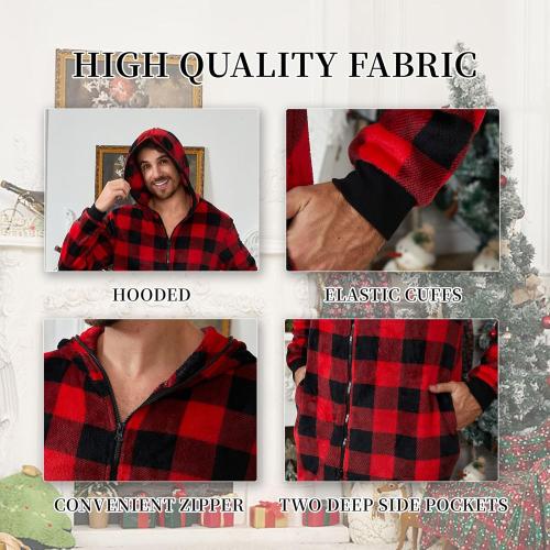 Size 2XL Red Plaid Lightweight Fleece Onesie Pajamas, Hooded Printed Zipper Pjs Set for Women & Men Christmas Sleepwear Warm